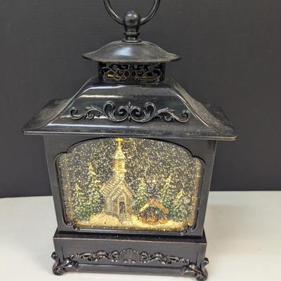 Illuminated 12" Glitter Lantern Church Scene with Swirling Snow