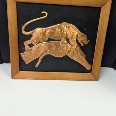 Vintage Framed Stamped Copper Paintings Panther Jaguar