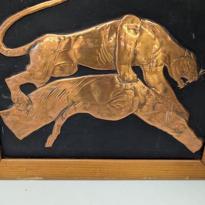 Vintage Framed Stamped Copper Paintings Panther Jaguar