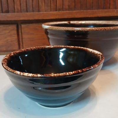 Set of three vintage- Nesting glazed brown stoneware drip edge bowls