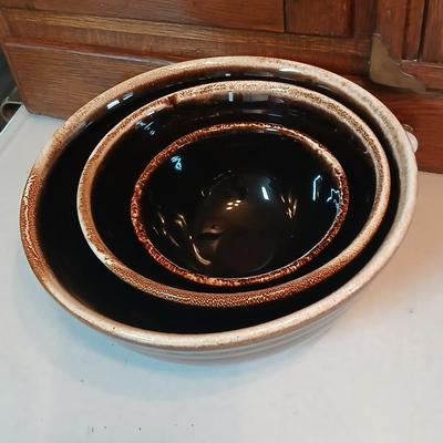 Set of three vintage- Nesting glazed brown stoneware drip edge bowls