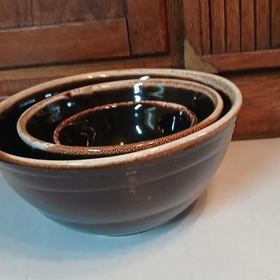 Set of three vintage- Nesting glazed brown stoneware drip edge bowls