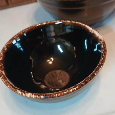 Set of three vintage- Nesting glazed brown stoneware drip edge bowls