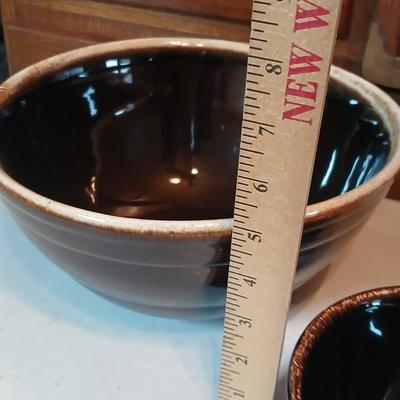 Set of three vintage- Nesting glazed brown stoneware drip edge bowls