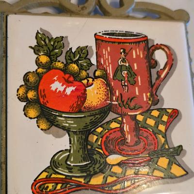 vintage glass canisters with a "Spice of Life" pattern, made by ARC in France. 1 & 2 Liter Jars with a trivet