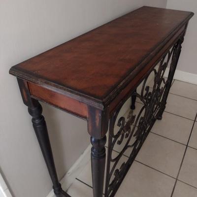 Wood Finish Sideboard Table with Decorative Wrought Metal Fleur de Lis Accent