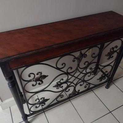 Wood Finish Sideboard Table with Decorative Wrought Metal Fleur de Lis Accent