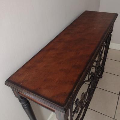 Wood Finish Sideboard Table with Decorative Wrought Metal Fleur de Lis Accent