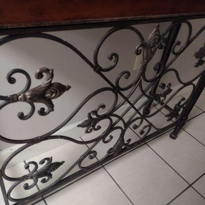 Wood Finish Sideboard Table with Decorative Wrought Metal Fleur de Lis Accent