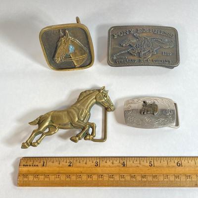 LOT 61: Collection of Horse Themed Belt Buckles - Pony Express, Solid Brass 1978 Baron Buckle and More
