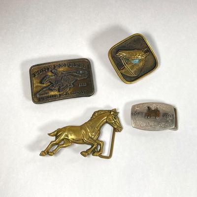 LOT 61: Collection of Horse Themed Belt Buckles - Pony Express, Solid Brass 1978 Baron Buckle and More