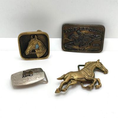 LOT 61: Collection of Horse Themed Belt Buckles - Pony Express, Solid Brass 1978 Baron Buckle and More