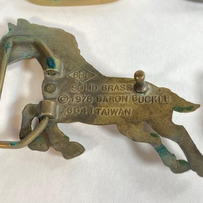 LOT 61: Collection of Horse Themed Belt Buckles - Pony Express, Solid Brass 1978 Baron Buckle and More