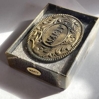 LOT 63: Vintage Belt Buckles (Kinney / Lewis Buckle Chicago) - Budweiser, Pony Express, Personalized Marty and More