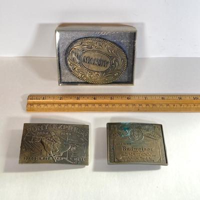 LOT 63: Vintage Belt Buckles (Kinney / Lewis Buckle Chicago) - Budweiser, Pony Express, Personalized Marty and More