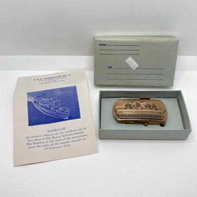 LOT 64: Vintage USS Suribachi AE 21 Belt Buckle in Original Box, Pennsylvania Ship Building DynaBuckle Brass Belt Buckle with Pair of...