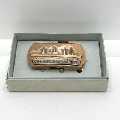 LOT 64: Vintage USS Suribachi AE 21 Belt Buckle in Original Box, Pennsylvania Ship Building DynaBuckle Brass Belt Buckle with Pair of...