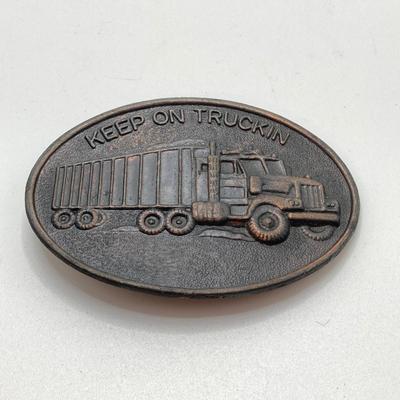 LOT 65: Collection of Vintage Belt Buckles - Keep on Truckin, Suzuki Motor Cycles and Merico Safe Driver Award