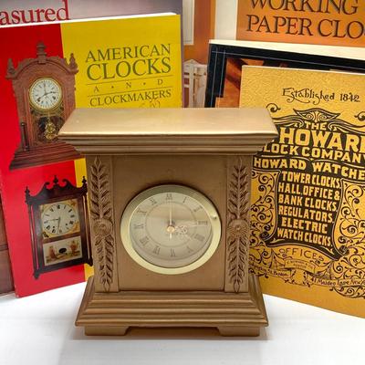 LOT 68: Gold Painted Plaster / Chalk Mantle / Table Clock with Collection of Books