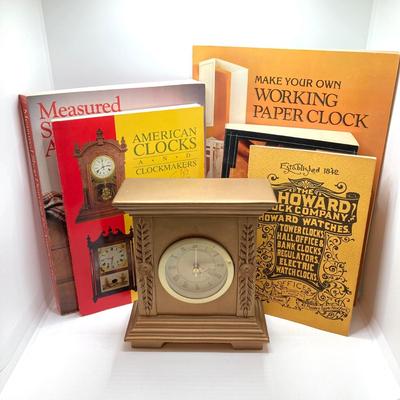 LOT 68: Gold Painted Plaster / Chalk Mantle / Table Clock with Collection of Books