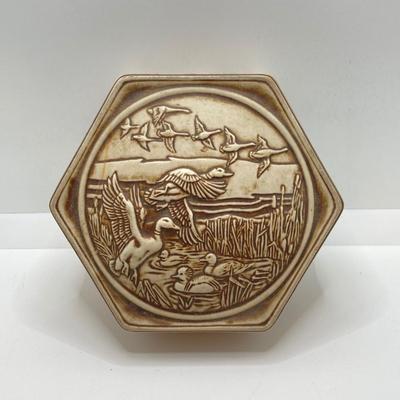 LOT 72: Vintage Incolay Stone Carved Nautical Scene Jewelry Box with Hexagon Shaped Handcrafted in Brazil Exclusively for Avon Products...