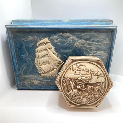 LOT 72: Vintage Incolay Stone Carved Nautical Scene Jewelry Box with Hexagon Shaped Handcrafted in Brazil Exclusively for Avon Products...