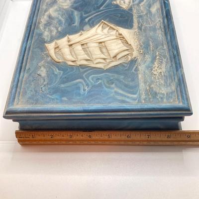LOT 72: Vintage Incolay Stone Carved Nautical Scene Jewelry Box with Hexagon Shaped Handcrafted in Brazil Exclusively for Avon Products...
