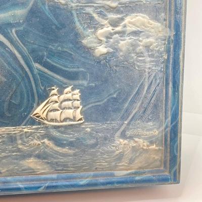 LOT 72: Vintage Incolay Stone Carved Nautical Scene Jewelry Box with Hexagon Shaped Handcrafted in Brazil Exclusively for Avon Products...