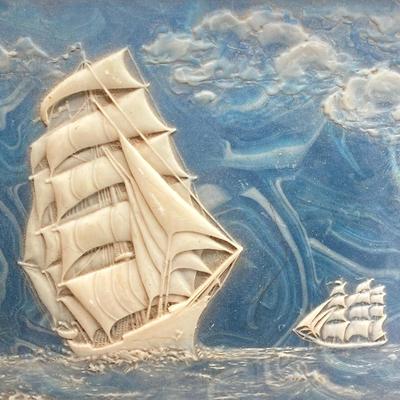 LOT 72: Vintage Incolay Stone Carved Nautical Scene Jewelry Box with Hexagon Shaped Handcrafted in Brazil Exclusively for Avon Products...