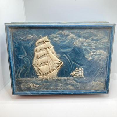LOT 72: Vintage Incolay Stone Carved Nautical Scene Jewelry Box with Hexagon Shaped Handcrafted in Brazil Exclusively for Avon Products...