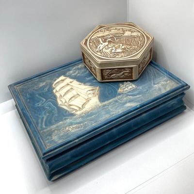 LOT 72: Vintage Incolay Stone Carved Nautical Scene Jewelry Box with Hexagon Shaped Handcrafted in Brazil Exclusively for Avon Products...
