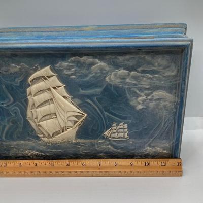 LOT 72: Vintage Incolay Stone Carved Nautical Scene Jewelry Box with Hexagon Shaped Handcrafted in Brazil Exclusively for Avon Products...