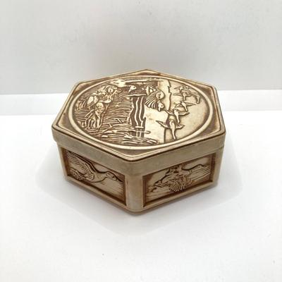 LOT 72: Vintage Incolay Stone Carved Nautical Scene Jewelry Box with Hexagon Shaped Handcrafted in Brazil Exclusively for Avon Products...
