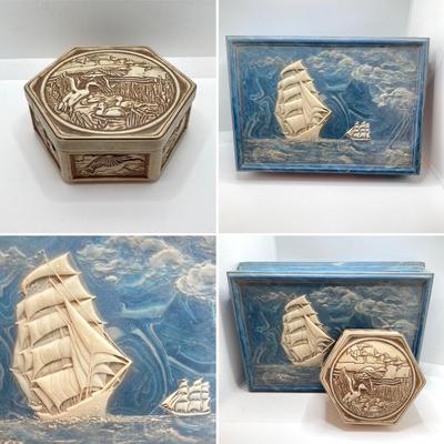 LOT 72: Vintage Incolay Stone Carved Nautical Scene Jewelry Box with Hexagon Shaped Handcrafted in Brazil Exclusively for Avon Products...