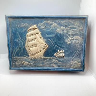 LOT 72: Vintage Incolay Stone Carved Nautical Scene Jewelry Box with Hexagon Shaped Handcrafted in Brazil Exclusively for Avon Products...