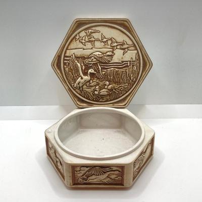 LOT 72: Vintage Incolay Stone Carved Nautical Scene Jewelry Box with Hexagon Shaped Handcrafted in Brazil Exclusively for Avon Products...