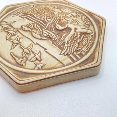 LOT 72: Vintage Incolay Stone Carved Nautical Scene Jewelry Box with Hexagon Shaped Handcrafted in Brazil Exclusively for Avon Products...