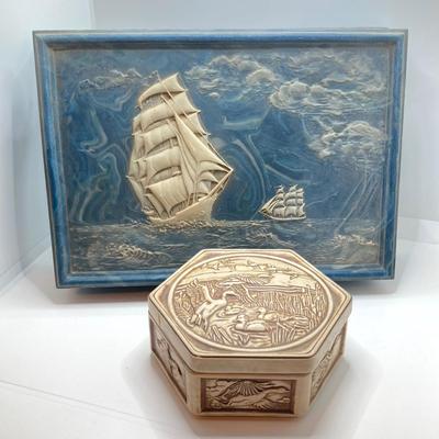 LOT 72: Vintage Incolay Stone Carved Nautical Scene Jewelry Box with Hexagon Shaped Handcrafted in Brazil Exclusively for Avon Products...