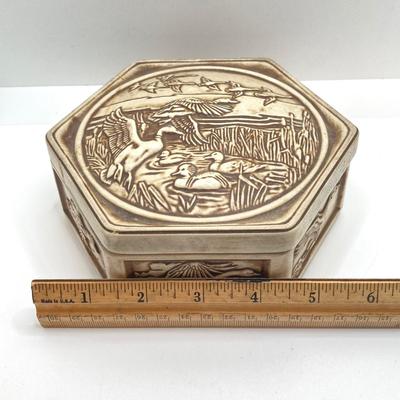 LOT 72: Vintage Incolay Stone Carved Nautical Scene Jewelry Box with Hexagon Shaped Handcrafted in Brazil Exclusively for Avon Products...