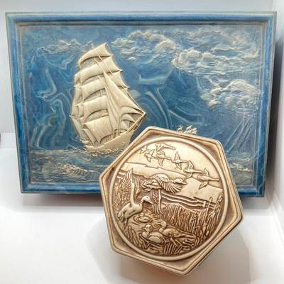 LOT 72: Vintage Incolay Stone Carved Nautical Scene Jewelry Box with Hexagon Shaped Handcrafted in Brazil Exclusively for Avon Products...