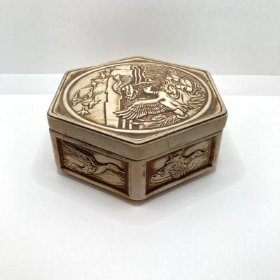LOT 72: Vintage Incolay Stone Carved Nautical Scene Jewelry Box with Hexagon Shaped Handcrafted in Brazil Exclusively for Avon Products...