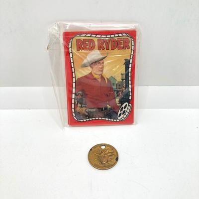 LOT 73: Vintage Red Ryder Collection - Pocket Knives, Books, Lucky Coin / Token and Card