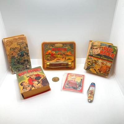 LOT 73: Vintage Red Ryder Collection - Pocket Knives, Books, Lucky Coin / Token and Card