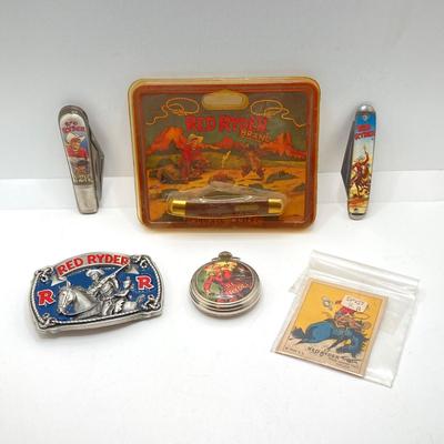 LOT 74: Collection of Red Ryder Memorabilia - Pocket Knives, Limited Edition Belt Buckle, Pocket Watch and More