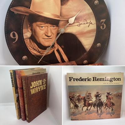 LOT 77: Vintage John Wayne Quartz Wall Clock with Collection of Books
