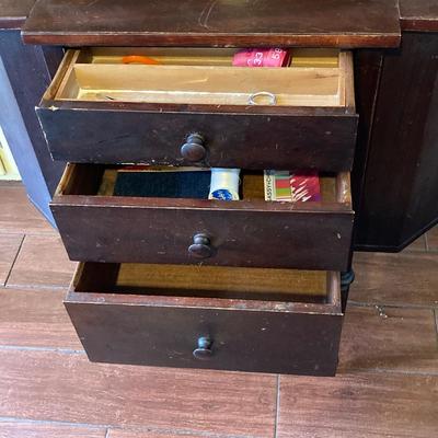 LOT 78: Vintage Wooden Martha Washington Sewing Cabinet with Contents