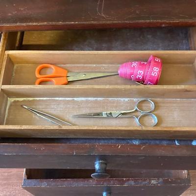 LOT 78: Vintage Wooden Martha Washington Sewing Cabinet with Contents