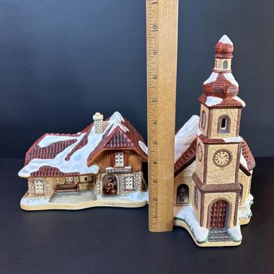 LOT 86: M.J. Hummel Holiday Village: Heavenly Harmony Church & All Aboard Bahnhof Bavarian Cottage