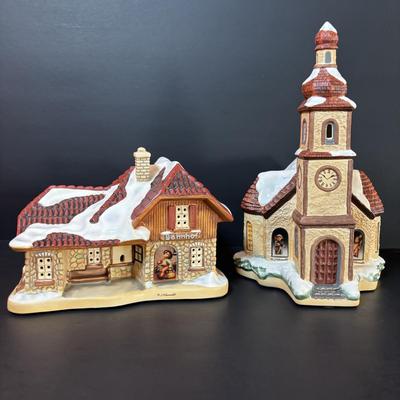 LOT 86: M.J. Hummel Holiday Village: Heavenly Harmony Church & All Aboard Bahnhof Bavarian Cottage