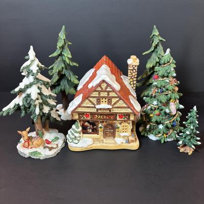 LOT 88: M.J. Hummel Holiday Village Bakery & Christmas Village Acessories